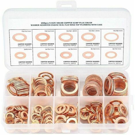 Cuivre Rondelles Metal, Joints Bague D'étanchéité, Rondelles Plates, Joint Torique avec Boîte pour L'étanchéité - 200 Pcs/M5 M6 M8 M10 M12 M14