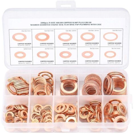 Cuivre Rondelles Metal, Joints Bague D'étanchéité, Rondelles Plates, Joint Torique avec Boîte pour L'étanchéité - 200 Pcs/M5 M6 M8 M10 M12 M14