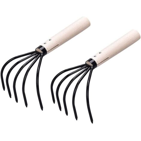 Cultivateur à Main 5 Dents - Lot de 2 Petits Râteaux avec Manche en Bois - pour Ameublir la Terre et Désherber les Massifs