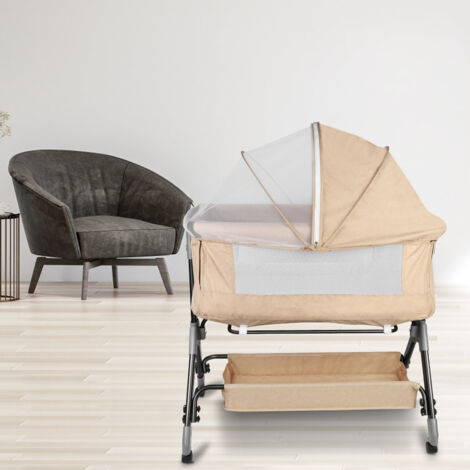 Cuna colecho plegable, lateral abatible, altura ajustable, ventana de malla, cesta de almacenamiento con ruedas - Beige