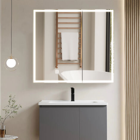 CUOZOVA Bathroom Cabinet with LED Light Mirror Wall Mounted Bathroom Mirror Cabinets with Adjustable Shelf Modern Bathroom Storage Cabinet for Shower Room 70  50  16cm Single Door
