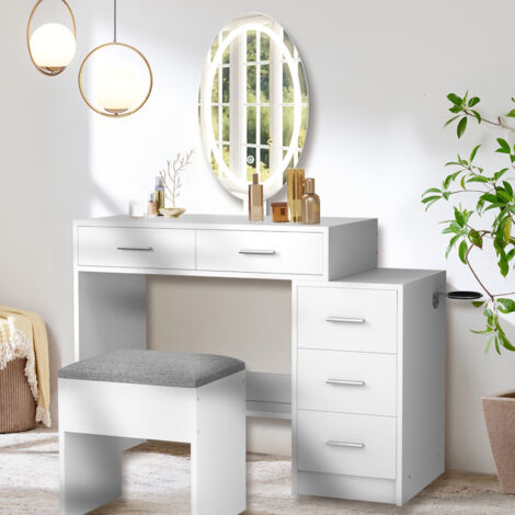 CUOZOVA Dressing Table with LED Lights Mirror White Vanity Dressing Table and Cushion Stools Set with Adjustable Brightness Mirror 5 Drawers Makeup Tables for Bedroom Modern Large Storage