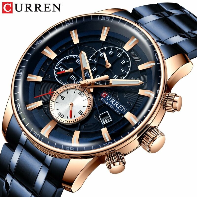 

Reloj para hombre Movimiento de cuarzo Correa de acero inoxidable Pantalla de tiempo y calendario Funcion de cronometro 3ATM Pulsera de moda