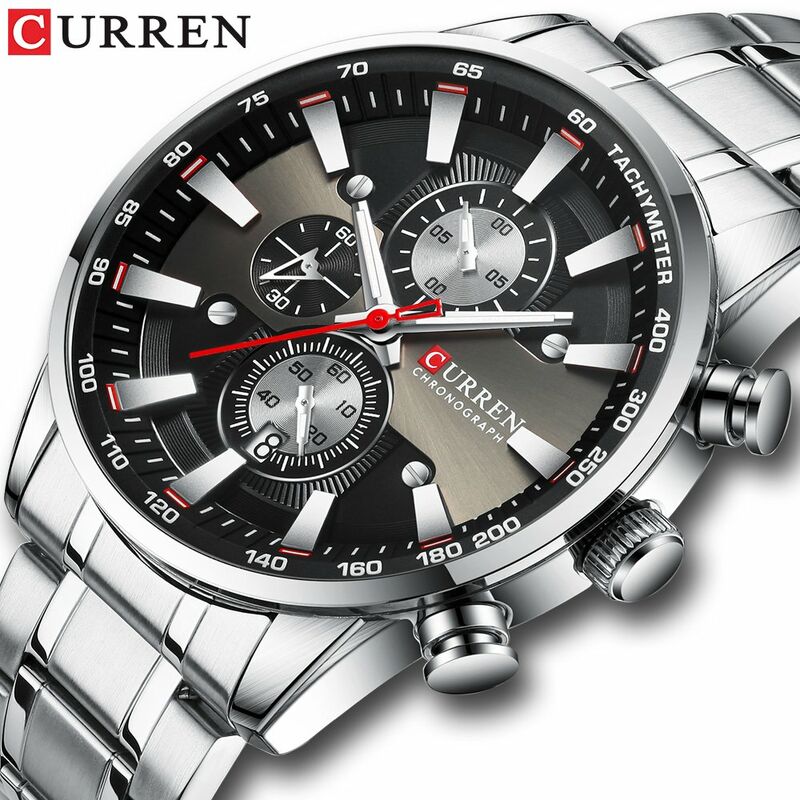 

CURREN Reloj para hombre Movimiento de cuarzo Correa de acero inoxidable Pantalla de tiempo y calendario Funcion de cronometro 3ATM Pulsera de moda