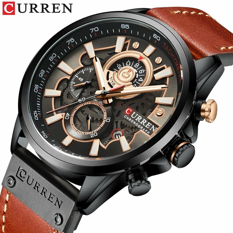 

Reloj para hombre Movimiento de cuarzo Correa de cuero Pantalla de tiempo y calendario Funcion de cronometro 3ATM Pulsera de moda masculina