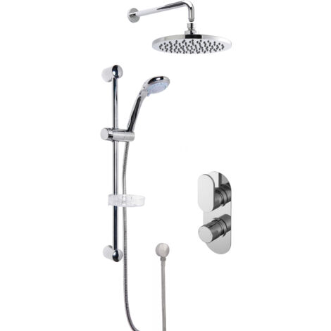 Current Concealed Round Twin Valve with Multi Function Slide Rail Kit, Arm & Head Shower Bundle - Chrome - Balterley
