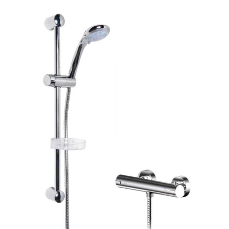 Current Round Thermostatic Bar Valve and Brass Multi Function Handset Slider Rail Kit Shower Bundle - Chrome - Balterley