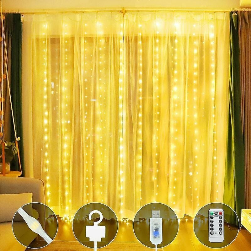 Curtain Fairy Light String-3x3M/300LED Curtain Light usb Powered Waterproof Curtain Light with 8 Modes Remote Control Timer Window Light Christmas