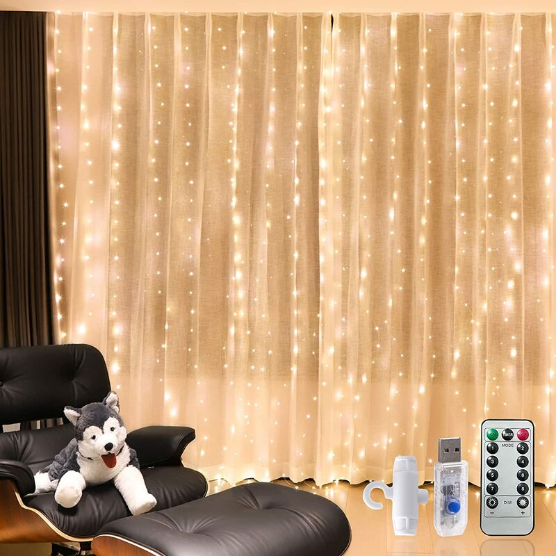 Curtain string lights 300 LED 8 lighting modes, 9.8 ft X 9.2 m USB-powered dimmable curtain lights for girls bedrooms, fairy lights with indoor