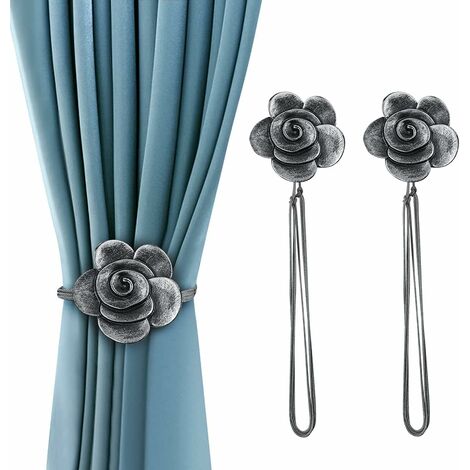 Curtain Ties Magnetic, Resin Flower Curtain Tiebacks Vintage Curtain Drapery Holdbacks, Magnetic Window Drapery Decorative Holders with Rope for Outdoor, Home, and Office(2 Pack, Ink)