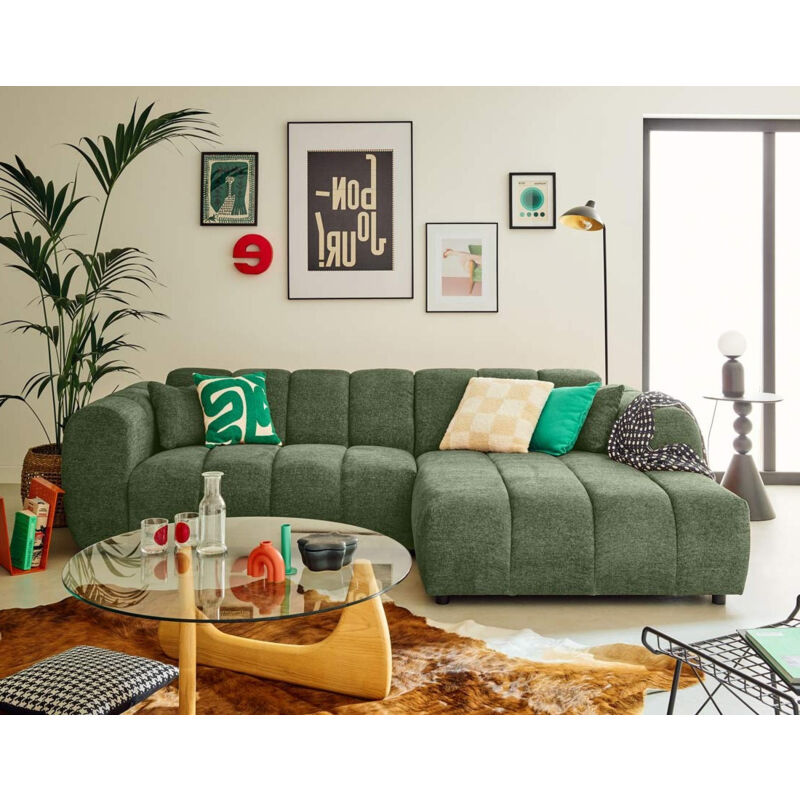 Lisa Design - Curtis - canapé d'angle droit 4 places en tissu texturé - vert