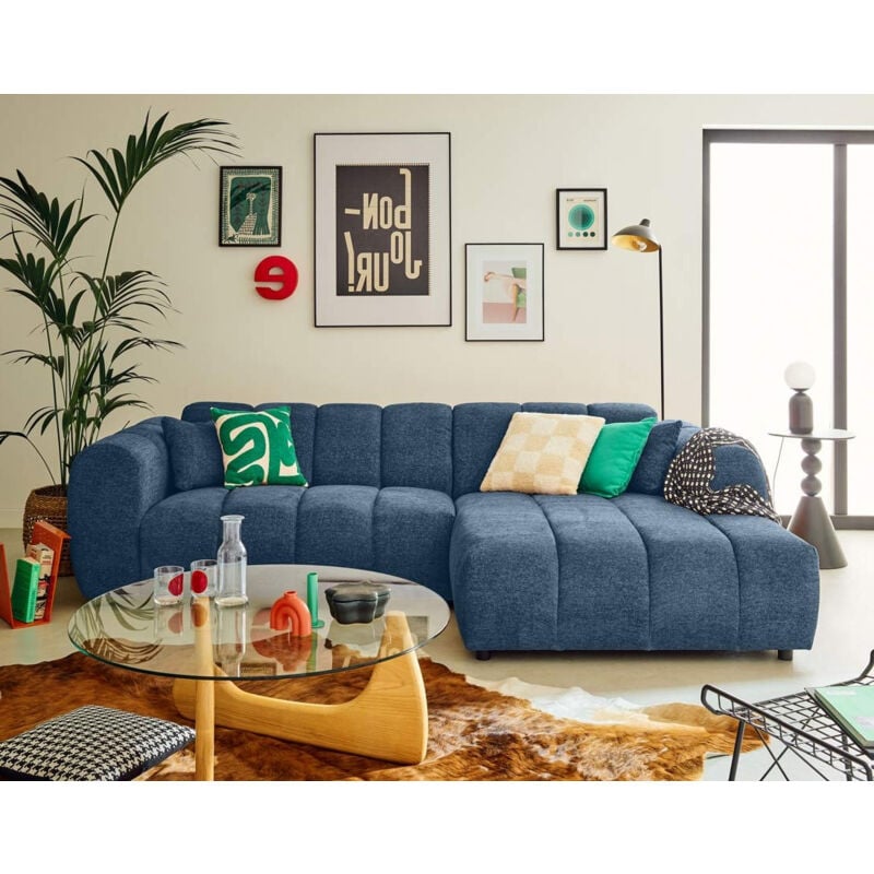 Lisa Design - Curtis - canapé d'angle droit 4 places en tissu texturé - bleu