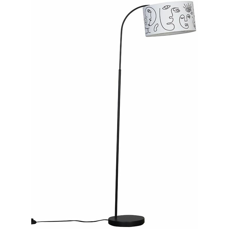 Minisun - Curved Floor Lamp in Black with Reni Shade - Abstract Face - Including LED Bulb