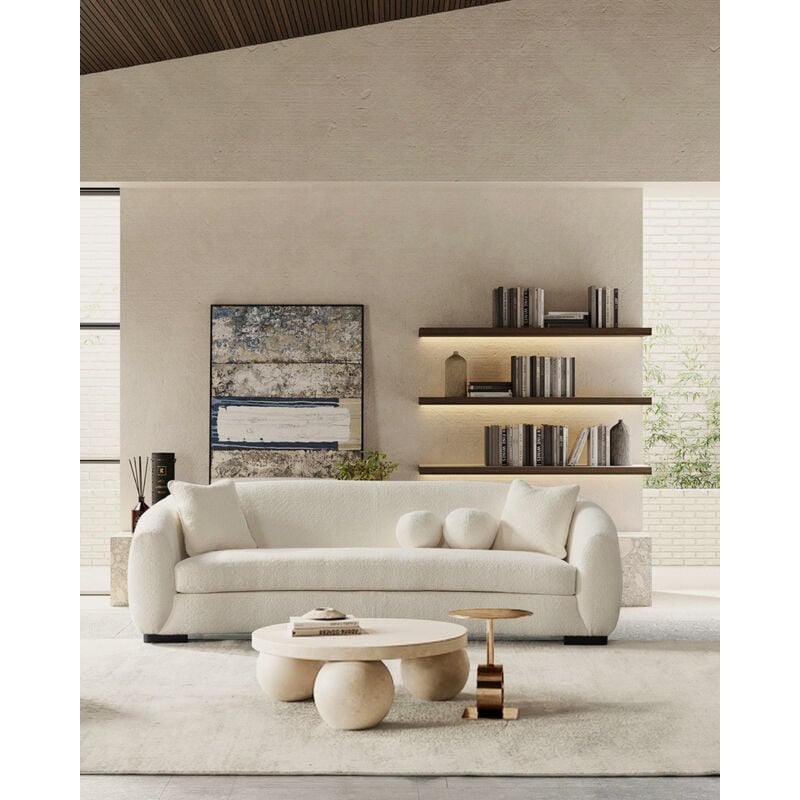 Uniqka - Curve - Canapé arrondi 3 places en tissu bouclé cream