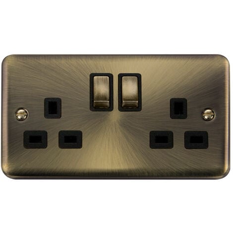 Curved Antique Brass 2 Gang 13A DP Ingot Twin Double Switched Plug Socket - Black Trim - SE Home