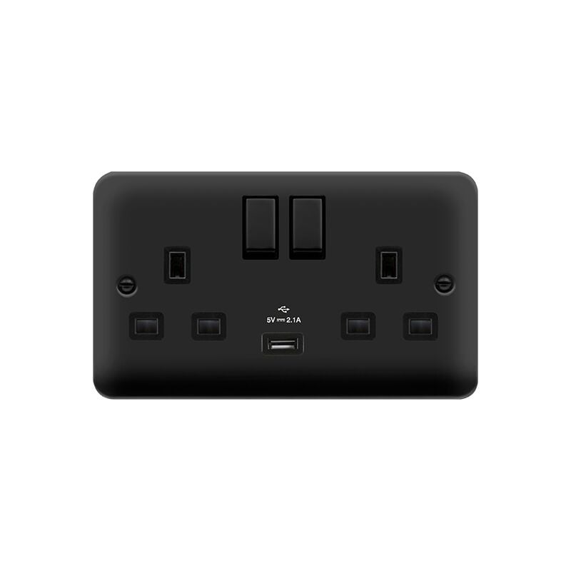 Se Home - Curved Matt Black 2 Gang 13A dp Ingot 1 usb Twin Double Switched Plug Socket - Black Trim