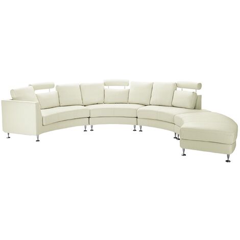 Curved Sectional Sofa with Ottoman and Headrests Off-White Leather Rotunde