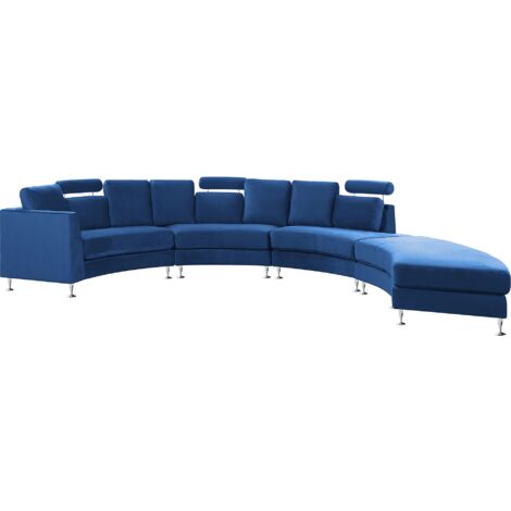 Curved Sectional Sofa with Ottoman and Headrests Velvet Navy Blue Rotunde - Blue