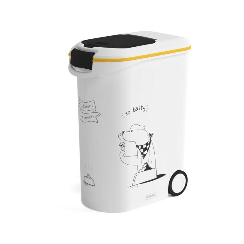 Curver - Conteneur a croquettes pour chien a roulettes 20 kg - 54L - Le diner et servi