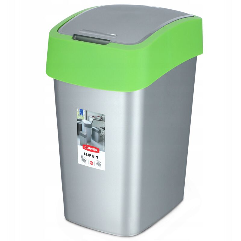 CURVER Flip Bin - Poubelle 50L à couvercle basculant - Pour Cuisine, Bureau, Salle de Bain - 29,4 x 37,6 x 65,3 cm - Gris / Vert