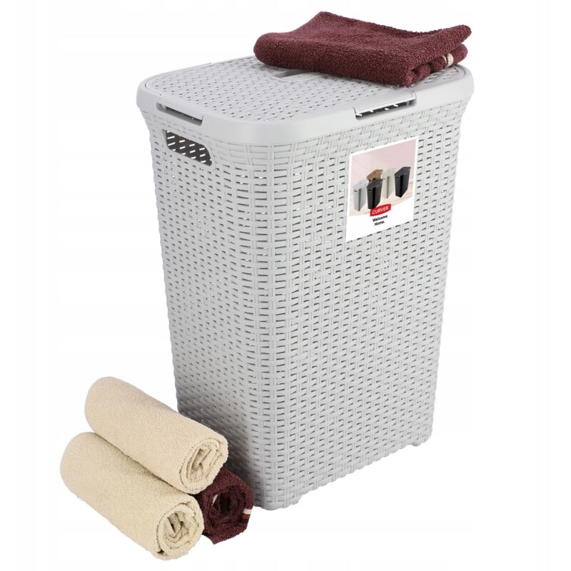 Curver Panier à linge 60 l - 45 x 34 x 62 cm - Panière à linge / corbeille à linge rectangulaire imitation rotin - Gris clair