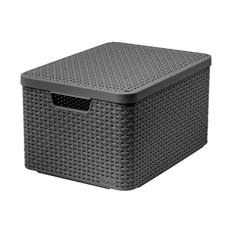 Curver – Panier de rangement en rotin gris – Dimensions 445x330x248mm – Couvercle anti-poussière – Poignées renforcées pour transport facile