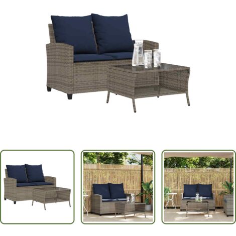 Cuscini da giardino -  Divano da Giardino a 2 Posti Cuscini&Tavolo Grigio Polyrattan