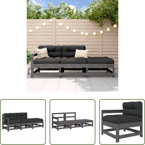 Cuscini da giardino -  Set Divani da Giardino 3pz con Cuscini in Legno Massello Grigio