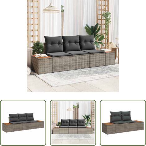 Cuscini da giardino -  Set Divano da Giardino con cuscino 3 pcs Grigio Poly Rattan