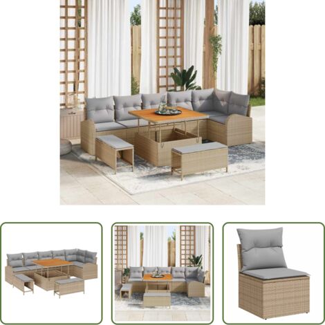 Cuscini da giardino -  Set Divano da Giardino con cuscino 9 pcs Beige e Grigio Chiaro