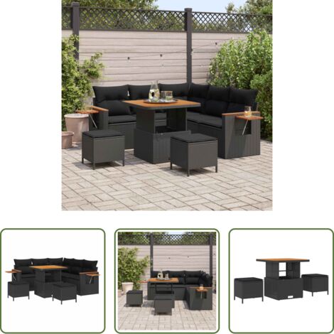 Cuscini da giardino -  Set Divano da Giardino con cuscino 9 pcs Nero polyrattan