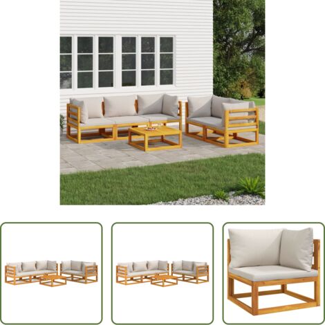 Cuscini da giardino -  Set Salotto Giardino 6pz Cuscini Grigio Chiaro Legno Massello