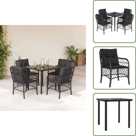 Cuscini da giardino - vidaXL Set da Pranzo da Giardino 5 pz Nero con Cuscini in Polyrattan - Tavolo in vetro