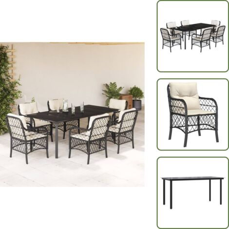 Cuscini da giardino - vidaXL Set da Pranzo da Giardino 7 pz Nero con Cuscini in Polyrattan - Tavolo in vetro
