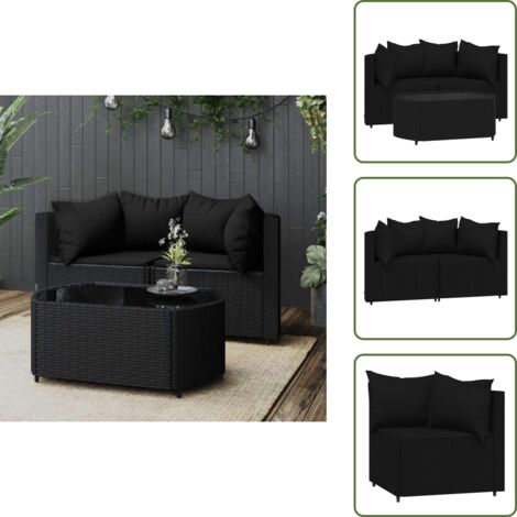 Cuscini da giardino - vidaXL Set Divani da Giardino 3 pz con Cuscini Nero in Polyrattan - Tavolino da salotto