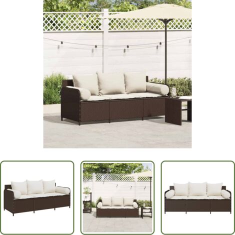 Cuscini da seduta -  Divano da Giardino a 3 Posti con Cuscini in Polyrattan Marrone