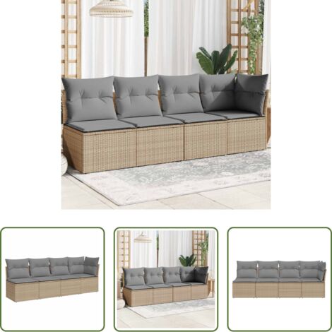 Cuscini da seduta -  Divano da Giardino con Cuscini a 4 Posti Beige in Polyrattan