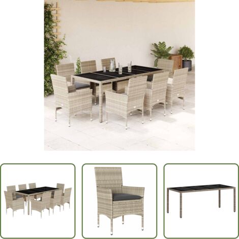 Cuscini da seduta - Set Pranzo Giardino 9 pz Cuscini Grigio Chiaro Polyrattan Vetro