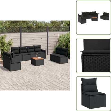 Cuscini da seduta - vidaXL Set Divani da Giardino 9 pz con Cuscini Nero in Polyrattan - Rattan PE