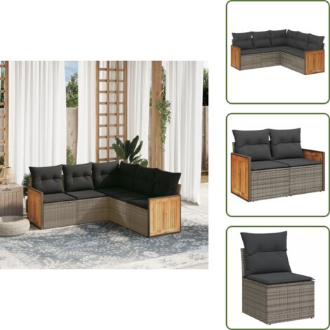 Cuscini da seduta - vidaXL Set Divano da Giardino 5 pz con Cuscini Grigio in Polyrattan - Rattan PE