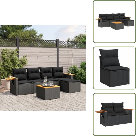 Cuscini da seduta - vidaXL Set Divano da Giardino 6 pz con Cuscini Nero in Polyrattan - Rattan PE