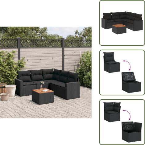 Cuscini da seduta - vidaXL Set Divano da Giardino 6 pz con Cuscini Nero in Polyrattan - Rattan PE