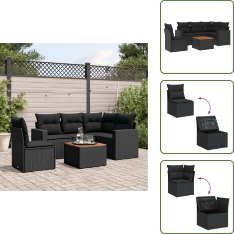 Cuscini da seduta - vidaXL Set Divano da Giardino 6 pz con Cuscini Nero in Polyrattan - Rattan PE