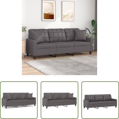 Cuscini decorativi -  Divano a 3 Posti con Cuscini Grigio 180 cm in Similpelle