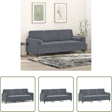 Cuscini decorativi -  Divano a 3 Posti con Cuscini Grigio Scuro 180 cm in Velluto