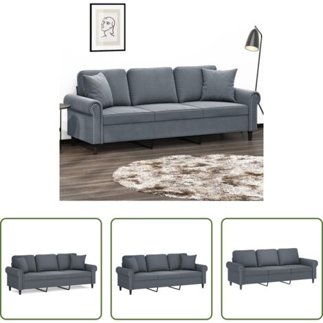 Cuscini decorativi -  Divano a 3 Posti con Cuscini Grigio Scuro 180 cm in Velluto