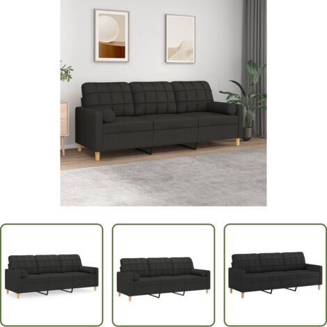 Cuscini decorativi -  Divano a 3 Posti con Cuscini Nero 180 cm in Tessuto
