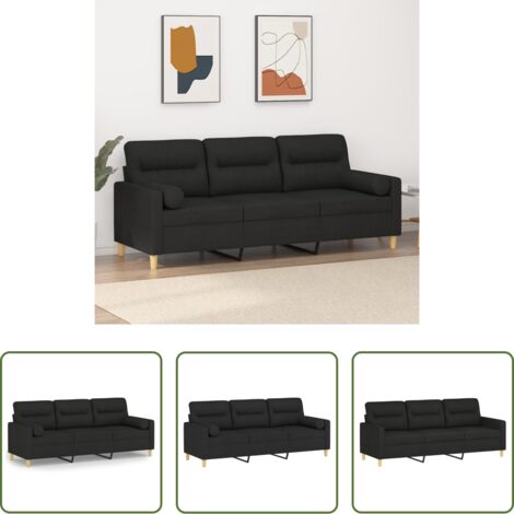 Cuscini decorativi -  Divano a 3 Posti con Cuscini Nero 180 cm in Tessuto