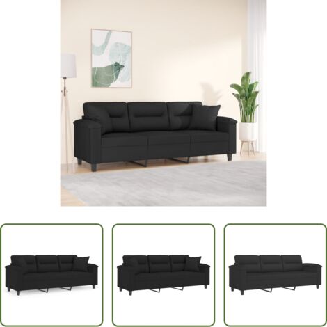 Cuscini decorativi -  Divano a 3 Posti con Cuscini Nero 180 cm Tessuto Microfibra