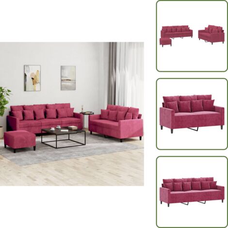 Cuscini per divano - vidaXL Set di Divani 3 pz con Cuscini Rosso Vino in Velluto - Divano con poggiapiedi